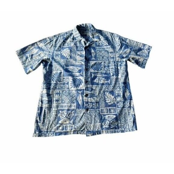 Hilo Hattie Mens Sz Large Blue White Tropcial Reverse Print Button Up Shirt Fish - Picture 9 of 9